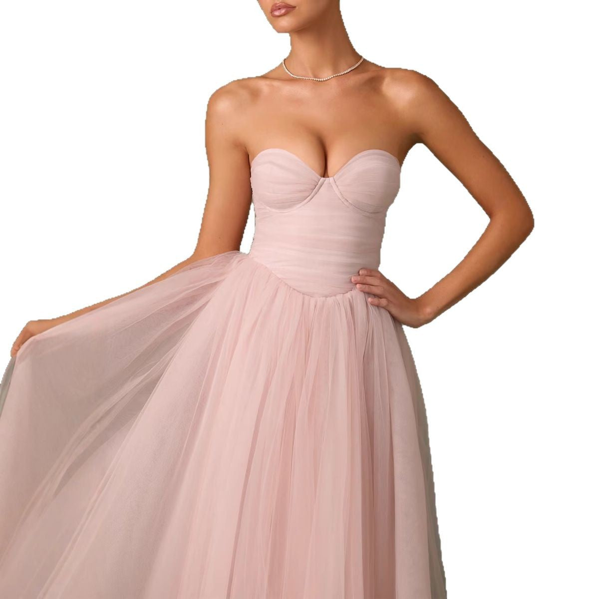 Robe femme sans bretelles – Tulle – Bustier ajusté – Coupe évasée midi