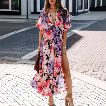 Robe longue femme – Tissu fluide – Taille haute – Manches courtes – Fente côté