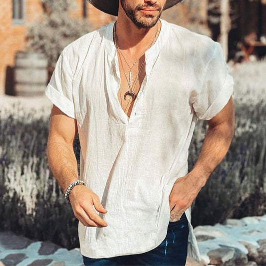 Chemise homme casual – Fibres naturelles – Coupe décontractée – Manches courtes – Col V