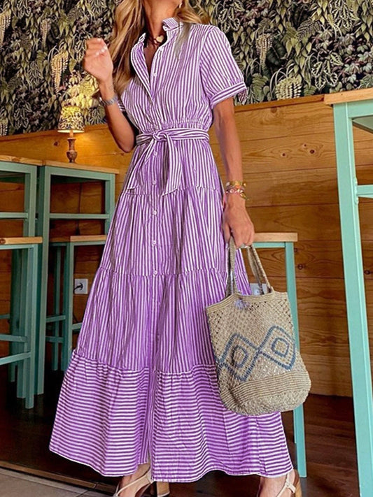 Robe midi femme – Coupe décontractée – Taille ceinturée – Boutonnée – Tissu léger