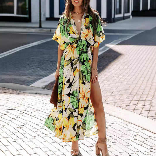 Robe longue femme – Tissu fluide – Taille haute – Manches courtes – Fente côté