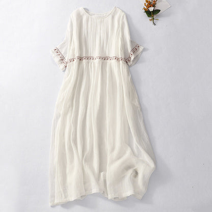 Robe longue femme – Coupe fluide – Coton – Taille dentelle crochet – Manches courtes