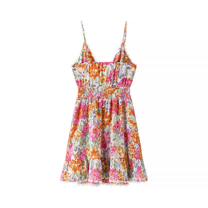 Robe Femme Mini Évasée – Bretelles Fines – Nœud Dos – Volants – Dentelle Fleurie