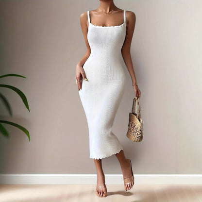 Women's bodycon dress – Ribbed knit – Scalloped neckline – Thin straps – Midi length
