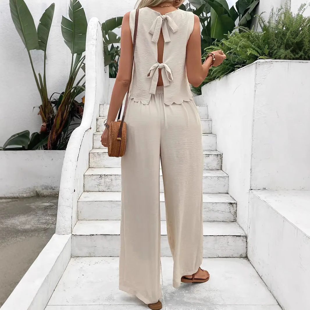 Pantalon femme large – Tissu léger froissé – Taille élastique – Longueur cheville
