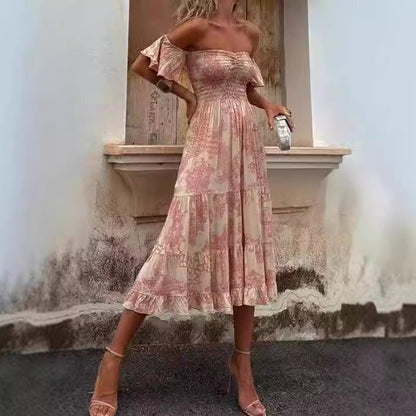 Robe Femme Épaules Dénudées – Coupe Ajustée – Manches Volants – Longueur Midi