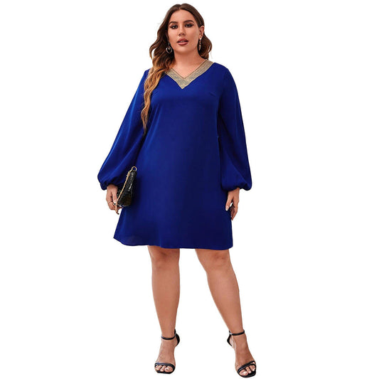 Robe mini femme – Coupe ample – Manches longues bouffantes – Col en V élégant