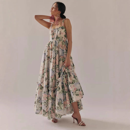 Robe longue femme – Style bohème fluide – Bretelles fines – Imprimé fleuri plissé