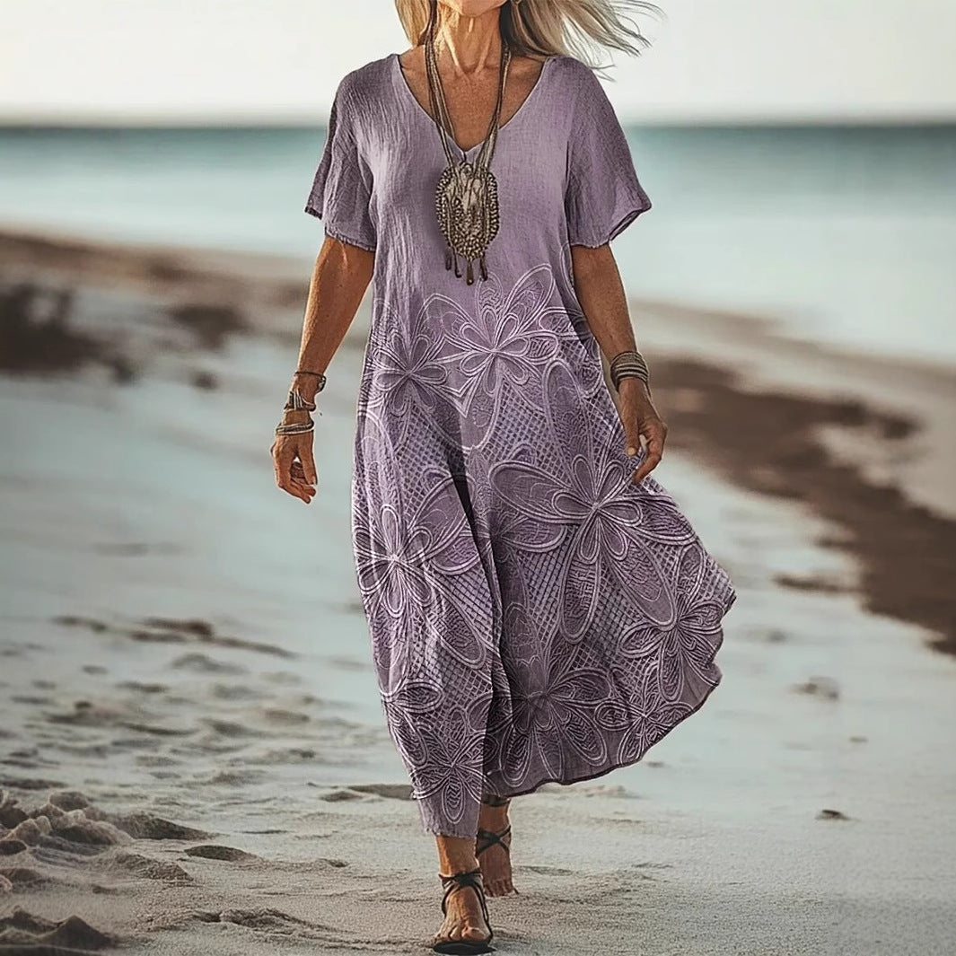 Robe mi-longue femme – Coupe décontractée – Manches courtes – Col en V – Imprimé floral