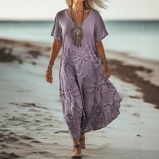 Robe mi-longue femme – Coupe décontractée – Manches courtes – Col en V – Imprimé floral