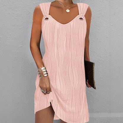 Robe mini femme – Coupe ajustée – Maille douce – Col en V – Motif ondulé – Anneaux métal