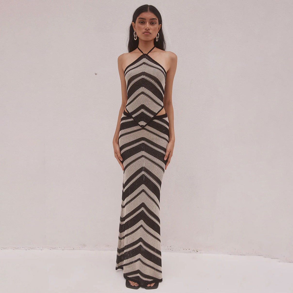 Ensemble de robes en maille pour femmes - Coupe ajustée - Col licou - Rayures géométriques - Midi