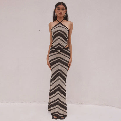 Ensemble de robes en maille pour femmes - Coupe ajustée - Col licou - Rayures géométriques - Midi