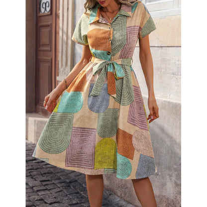 Robe Chemise Femme – Coupe Décontractée – Ceinture – Col Classique – Motifs Graphiques