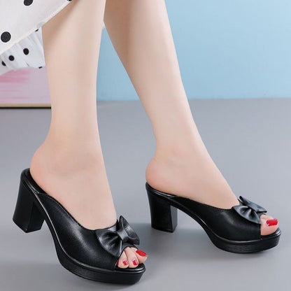 Sandales à talons femme – Bout ouvert – Talon épais – Nœud décoratif – Effet lisse