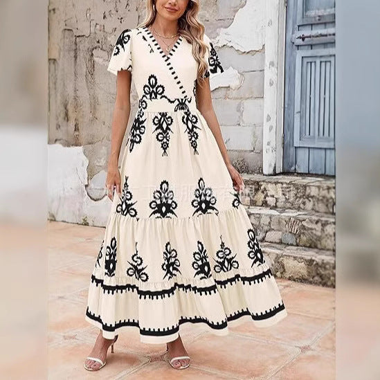 Robe longue femme – Coupe évasée – Imprimé fleuri – Manches courtes – Tissu respirant