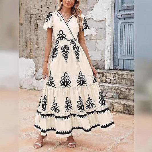 Robe longue femme – Coupe évasée – Imprimé fleuri – Manches courtes – Tissu respirant