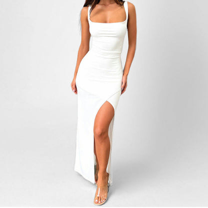 Robe longue femme – Coupe ajustée – Bretelles fines – Fente haute – Dos nu élégant