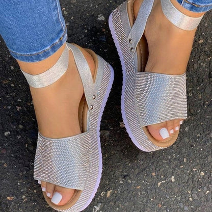 Sandales plateforme femme – Bout ouvert – Strass brillant – Bride à boucle – Semelle épaisse