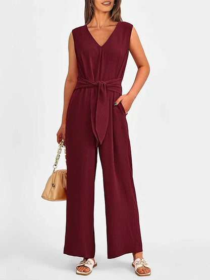 Combinaison femme – Coupe ample – Sans manches – Décolleté en V – Ceinture à nouer