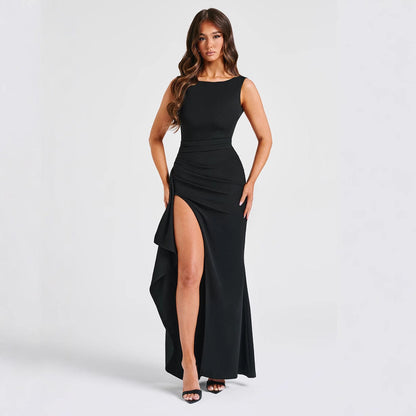 Robe de soirée femme – Coupe moulante – Satinée – Fendue – Dos nu – Longue