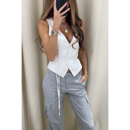 Débardeur Femme – Coupe Cintrée – Lin Léger – Taille Lacée – Col En V