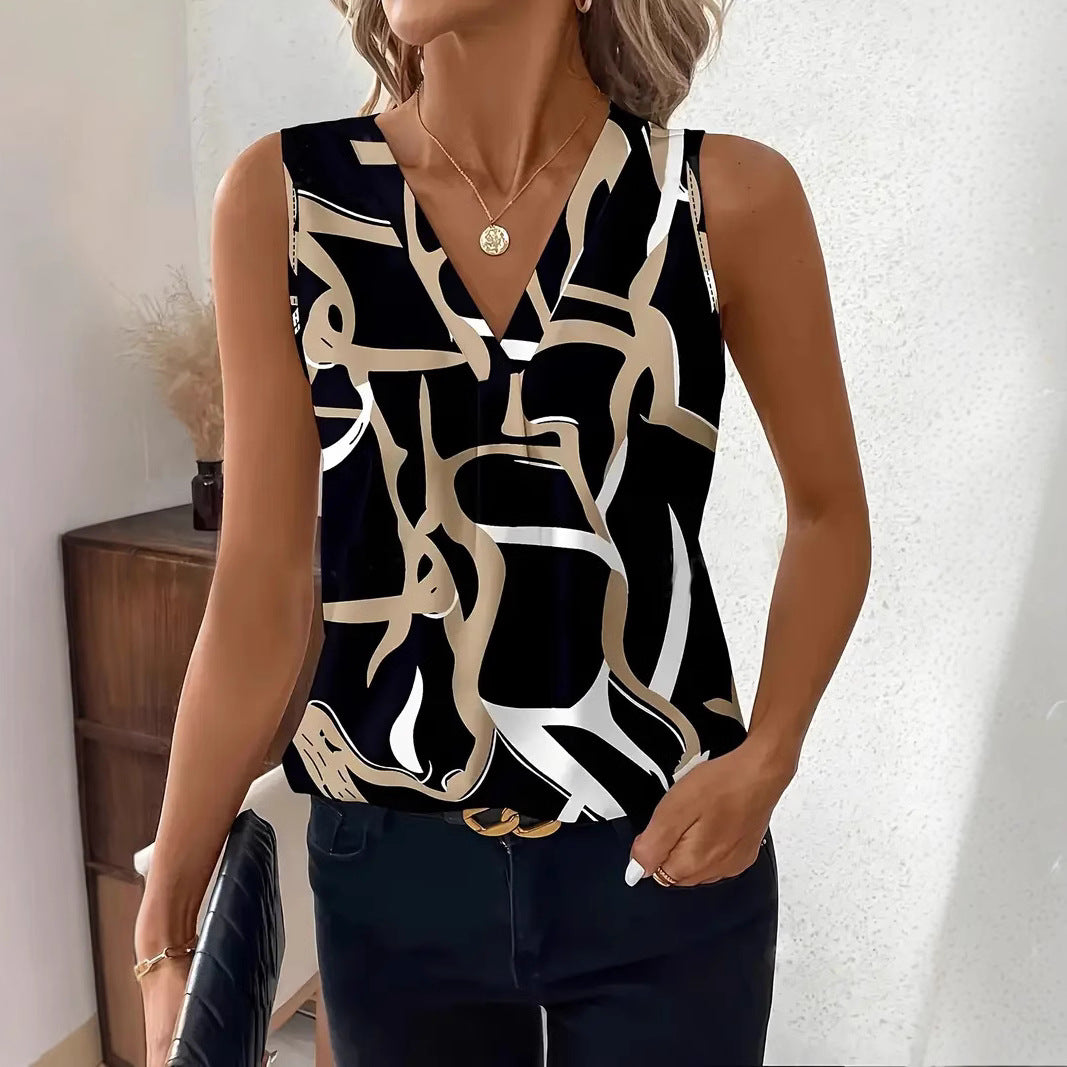 Top sans manches femme – Encolure V – Coupe ample – Motif abstrait