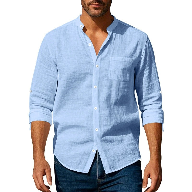 Men's shirt – Breathable linen – Relaxed fit – Band collar – Buttoned cuffs