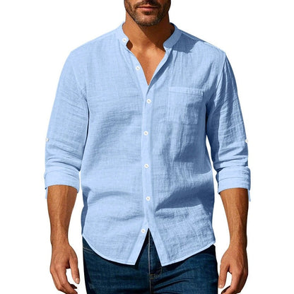 Men's shirt – Breathable linen – Relaxed fit – Band collar – Buttoned cuffs
