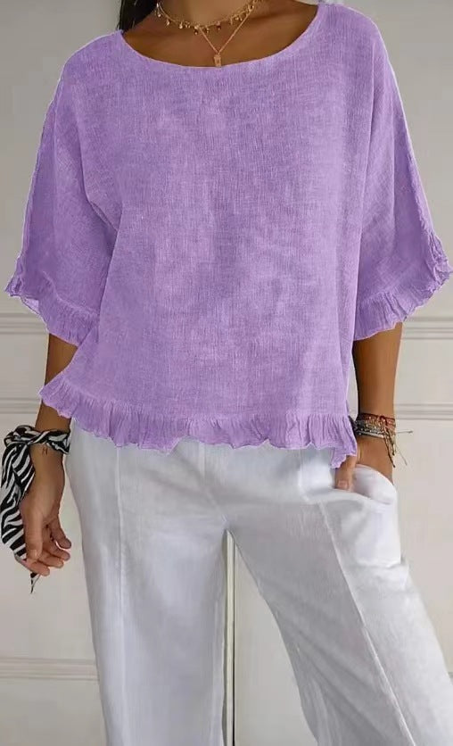 Blouse femme manches courtes – Lin coton – Coupe ample – Col rond – Ourlet volanté