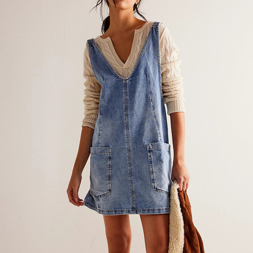 Robe femme courte – Coupe droite décontractée – Sans manches – Fibres naturelles – Poches devant