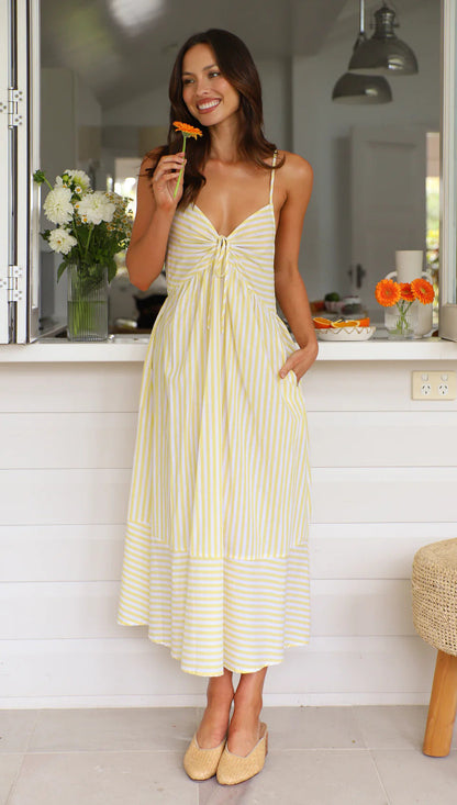 Robe mi-longue femme – Coupe fluide – Bretelles fines – Rayée – Nœud devant – Tissu respirant