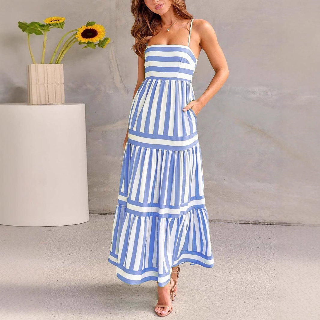 Robe midi femme – Coton – Coupe évasée – Rayures – Bretelles fines – Volants