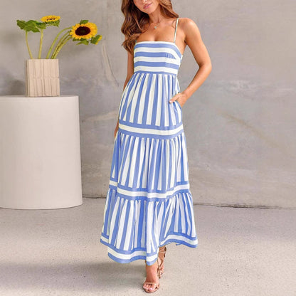 Robe midi femme – Coton – Coupe évasée – Rayures – Bretelles fines – Volants