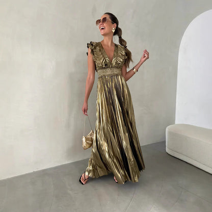 Robe de soirée femme – Coupe évasée – Satiné – Décolleté volanté – Jupe plissée maxi