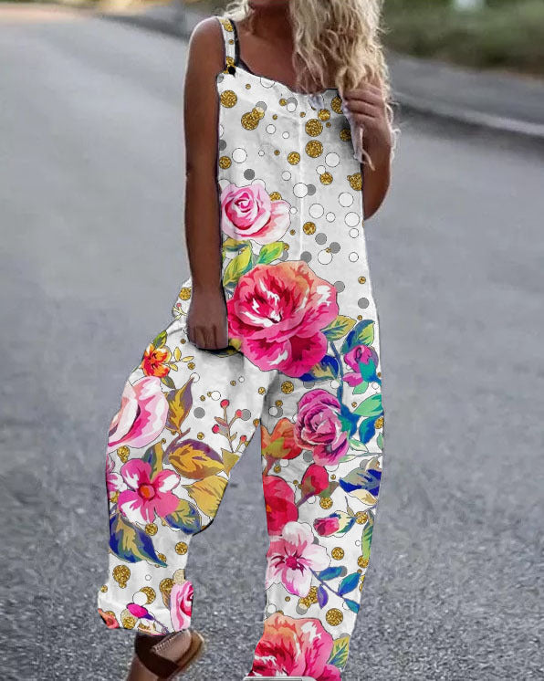 Combinaison Femme – Coupe Décontractée – Imprimé Fleuri – Jambes Larges – Bretelles Réglables