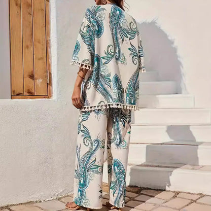 Ensemble kimono femme – Coupe ample – Pantalon large – Finition à franges – Tissu respirant