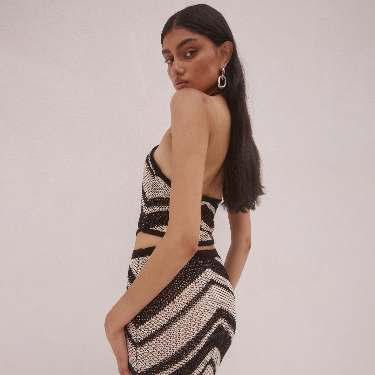Ensemble de robes en maille pour femmes - Coupe ajustée - Col licou - Rayures géométriques - Midi
