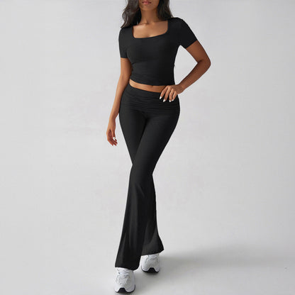 Ensemble Femme Deux Pièces – Haut Court Ajusté Col Carré – Pantalon Évasé Taille Haute