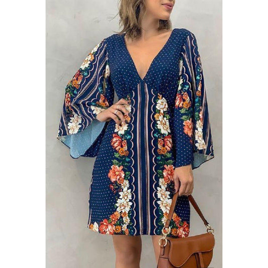 Robe femme – Coupe ample – Imprimé bohème fleuri – Manches évasées – Coton léger
