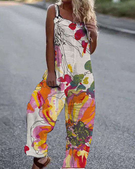 Combinaison Femme – Coupe Décontractée – Imprimé Fleuri – Jambes Larges – Bretelles Réglables