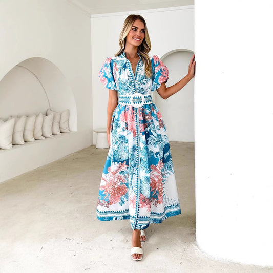 Robe longue femme – Manches bouffantes – Taille ceinturée – Boutonnée