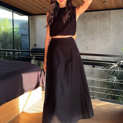 Ensemble Femme Deux Pièces – Top Court Sans Manches – Jupe Midi Taille Haute Fluide