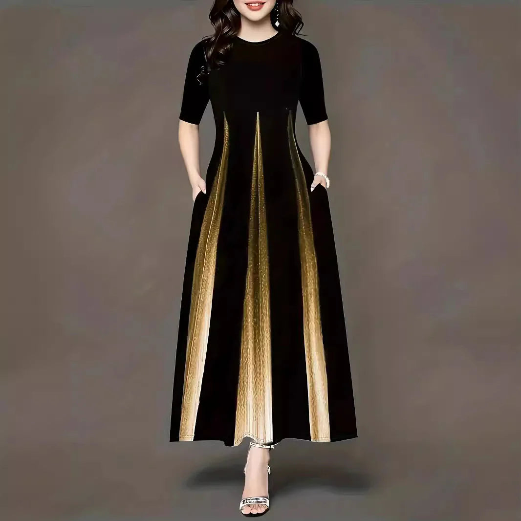 Robe longue femme – Coupe fluide – Jupe plissée – Manches courtes – Poches latérales