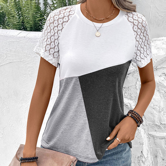 T-shirt femme – Coupe décontractée – Manches dentelle – Col rond – Mélange coton
