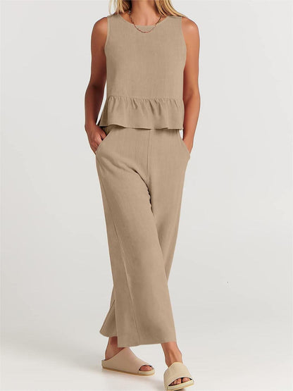 Ensemble 2 pièces pour femmes - Top court sans manches - Pantalon large à taille élastique - Coupe décontractée