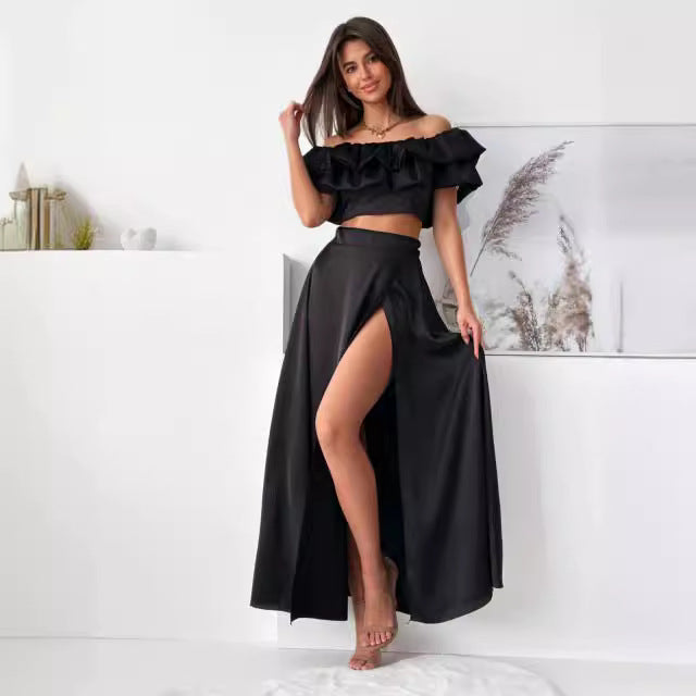 Women's set – Top cropped off-the-shoulder with ruffles – Skirt long high-waisted with slit