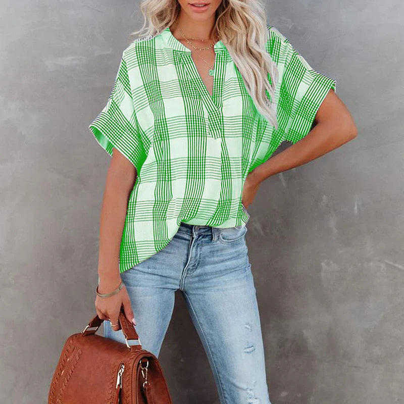 Blouse femme – Coupe décontractée – Motif à carreaux – Manches courtes – Coton