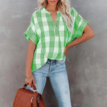 Blouse femme – Coupe décontractée – Motif à carreaux – Manches courtes – Coton