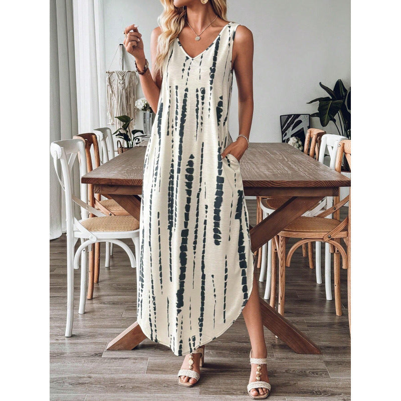 Robe longue femme – Coupe ample – Sans manches – Col en V – Rayures – Coton